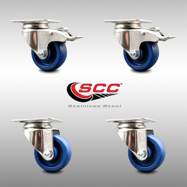 3 Inch 316SS Solid Polyurethane Wheel Swivel Top Plate Caster Lock Brakes, 2PK